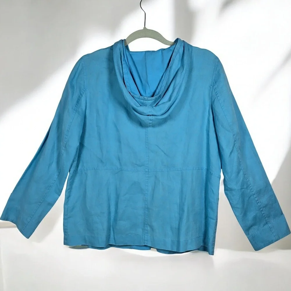 J Jill Petite‎ Linen Hooded Button Front Jacket Woman Small Blue Lightweight